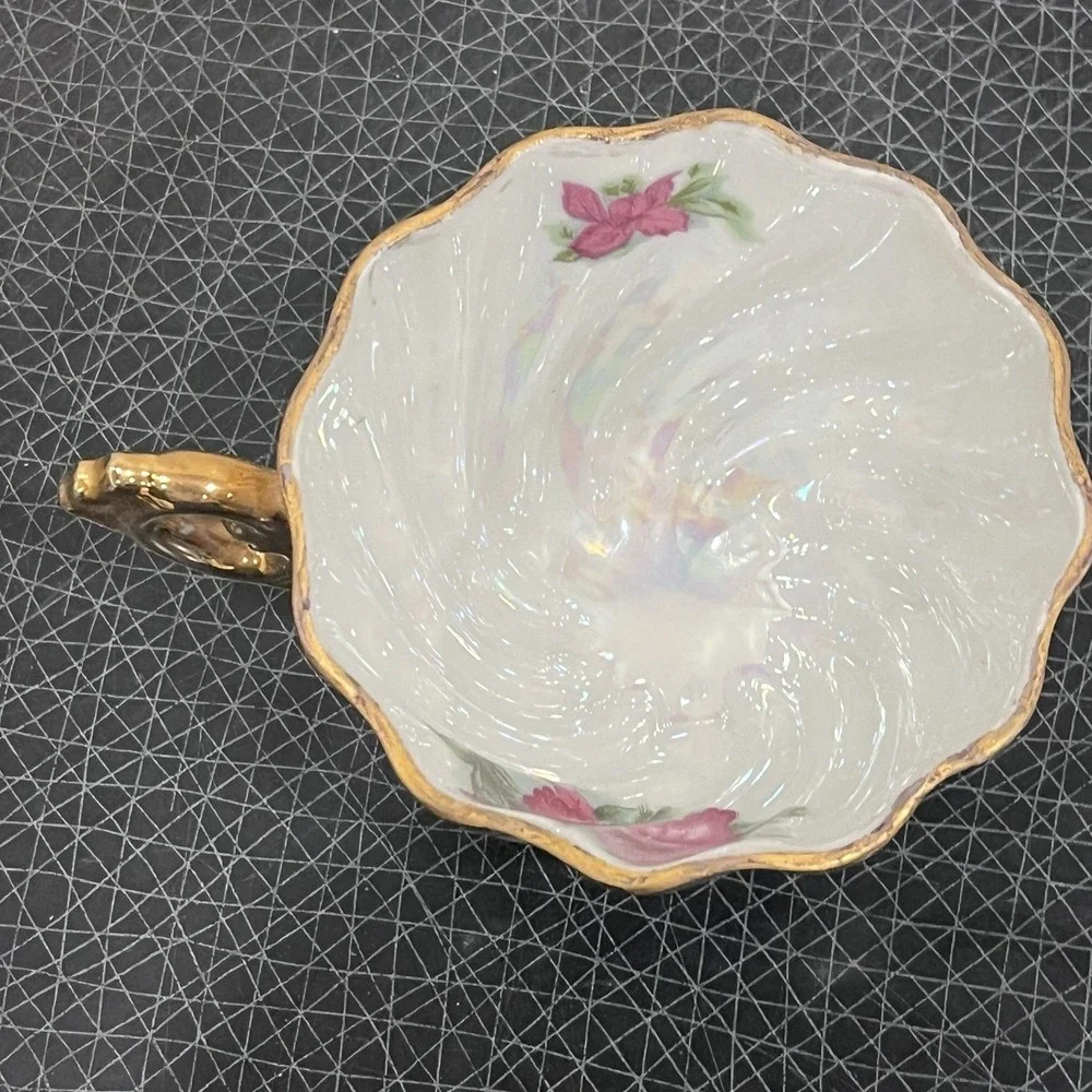 Vintage Japan Pink Rose Gold Iridescent Footed Cup & Open Saucer; Teacup Napco